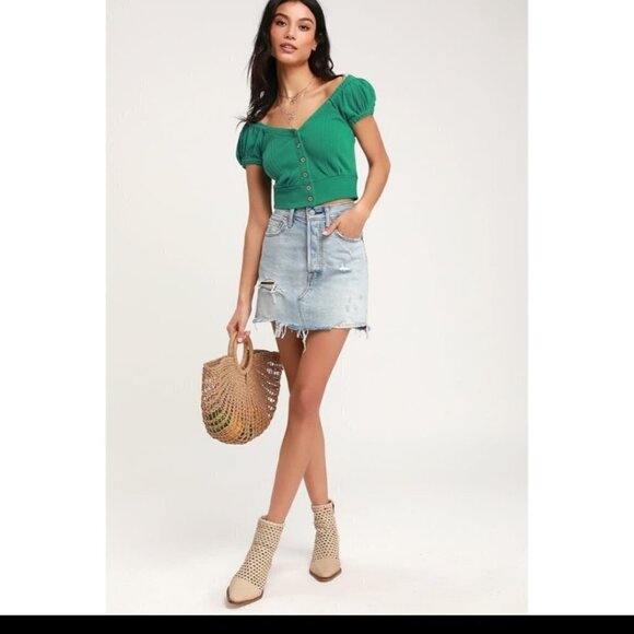 FREE PEOPLE Green Brighter Days Button Front Crop - Picture 3 of 7